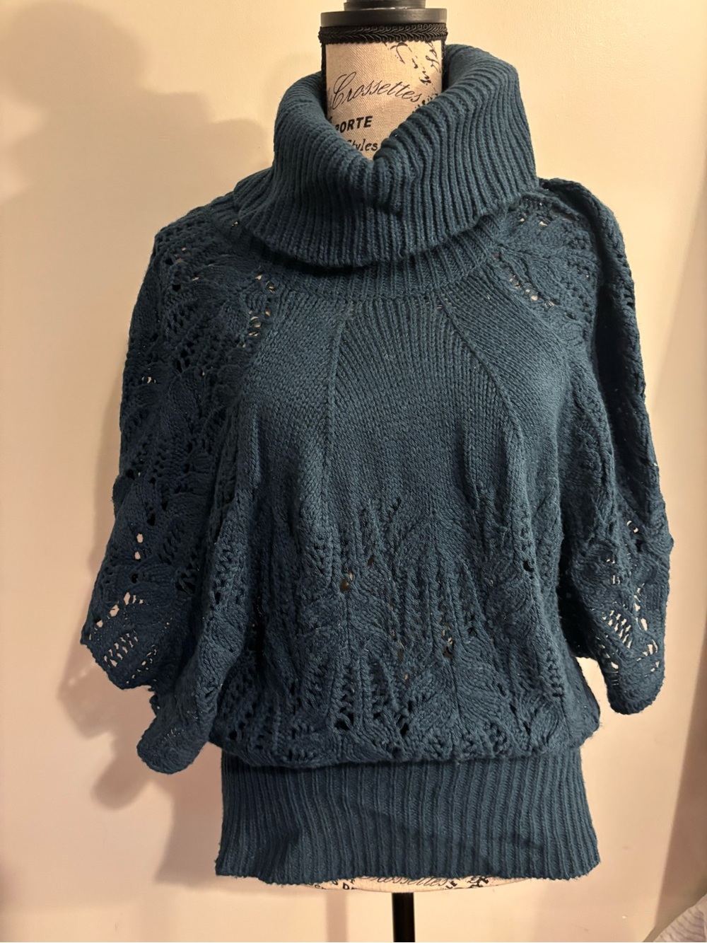 Charming Charlie Teal Openwork Cable Turtleneck Sweater